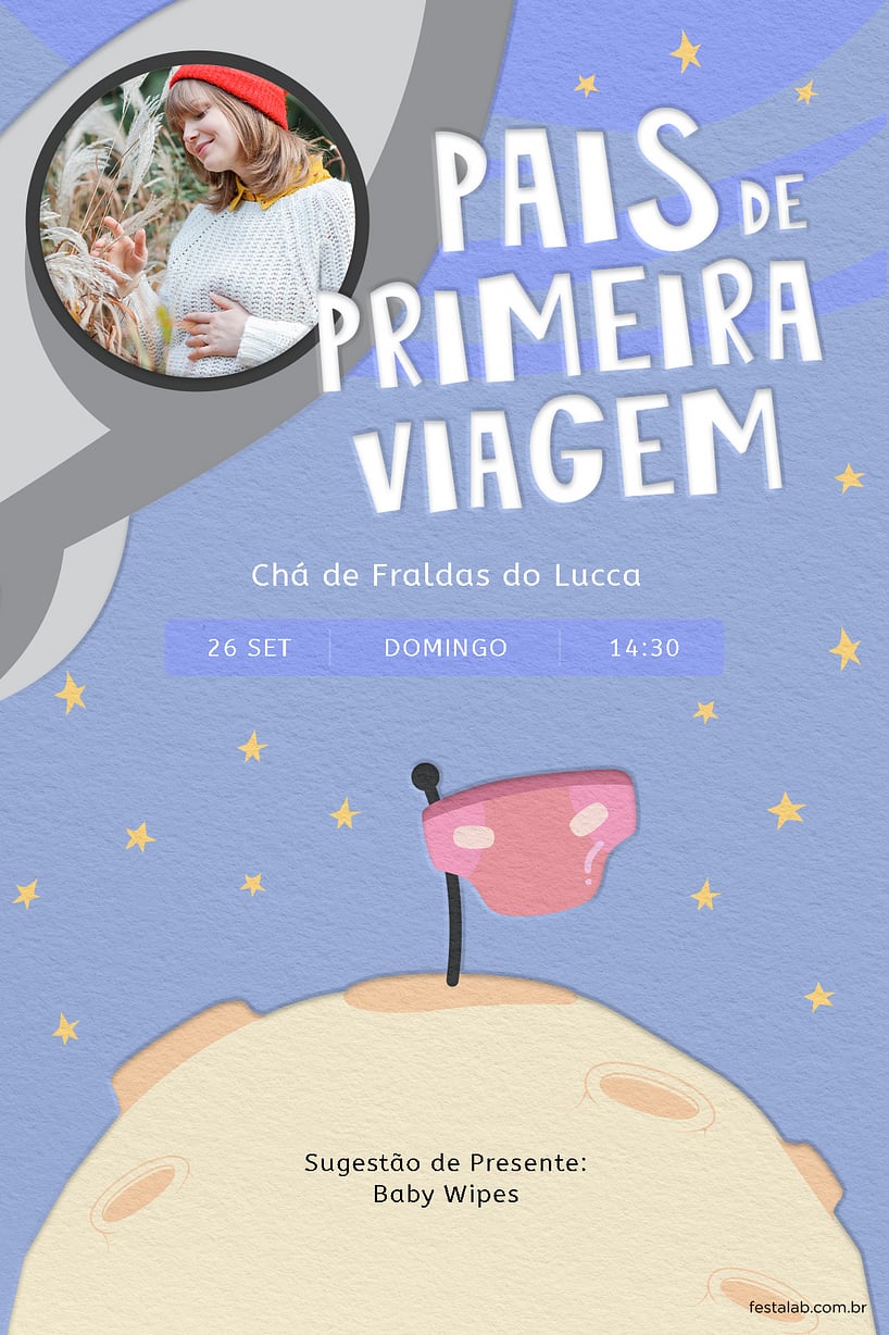 Modelo de Convite de Cha de fraldas - Pais de Primeira Viagem Criar convite de Chá de fraldas - Pais de Primeira Viagem| FestaLab