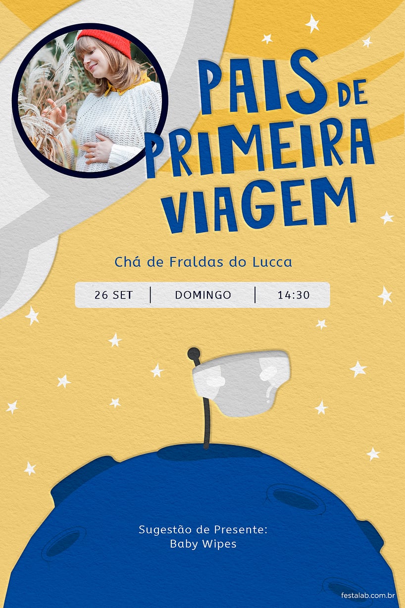 Modelo de Convite de Cha de fraldas - Pais de Primeira Viagem Amarelo Criar convite de Chá de fraldas - Pais de Primeira Viagem Amarelo| FestaLab