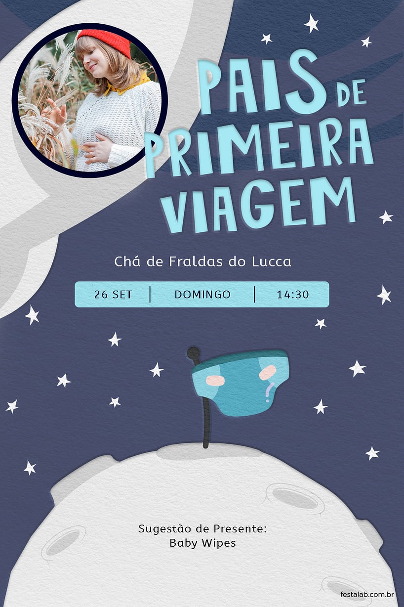 Modelo de Convite de Cha de fraldas - Pais de Primeira Viagem escuro Criar convite de Chá de fraldas - Pais de Primeira Viagem escuro| FestaLab