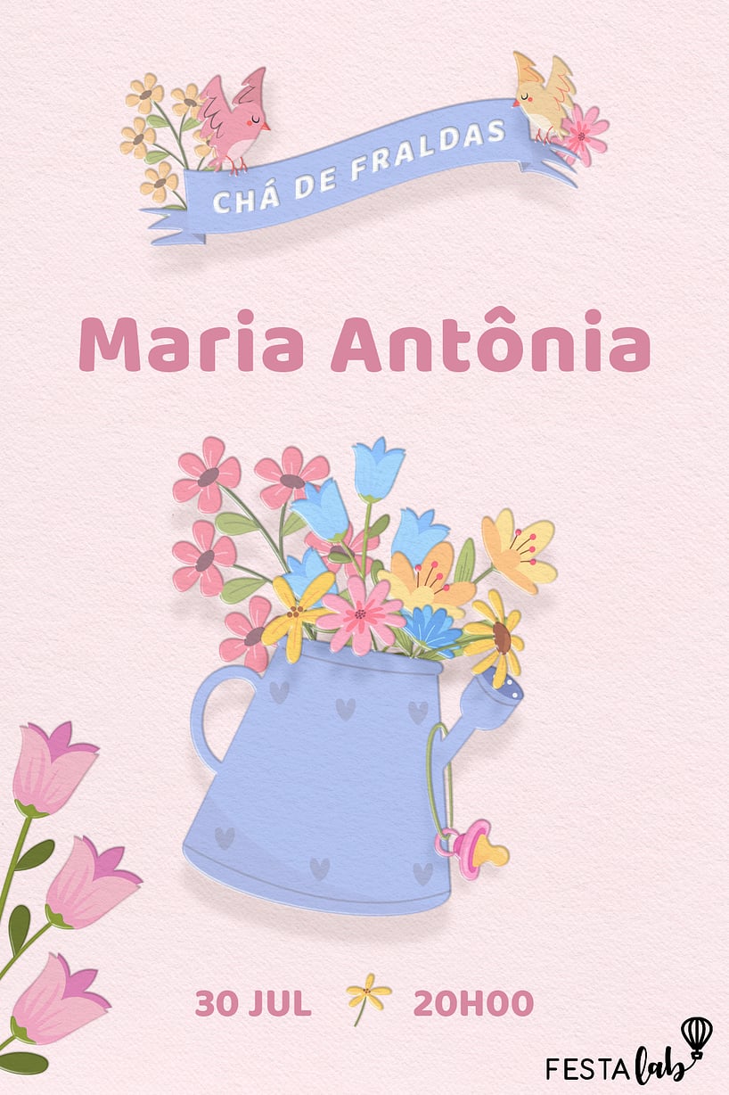 Modelo de Convite de Cha de fraldas - Regador com Flores Criar convite de Chá de fraldas - Regador com Flores| FestaLab