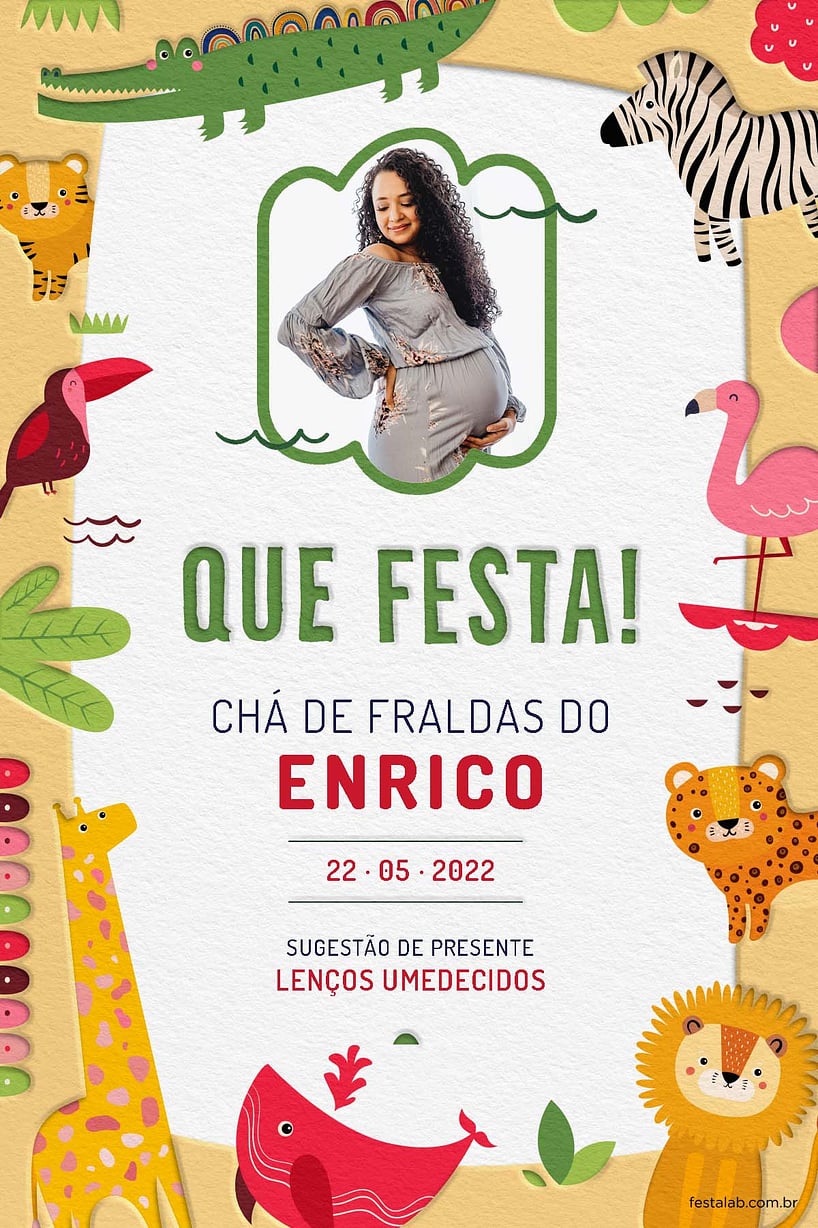 Modelo de Convite de Cha de fraldas - Safari baby colorido com laranja Criar convite de Chá de fraldas - Safari baby colorido com laranja| FestaLab