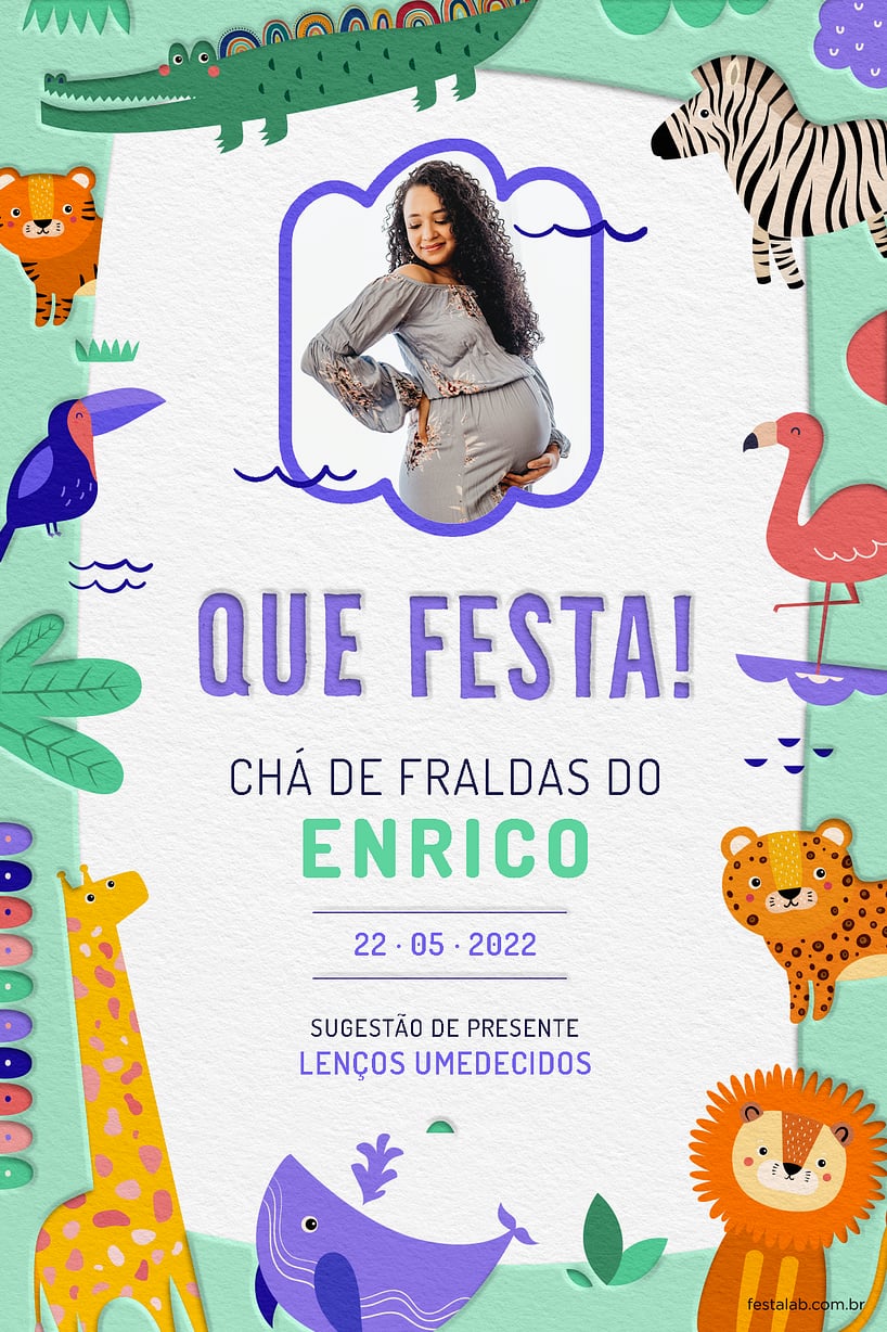 Modelo de Convite de Cha de fraldas - Safari Baby Colorido com Roxo Criar convite de Chá de fraldas - Safari Baby Colorido com Roxo| FestaLab