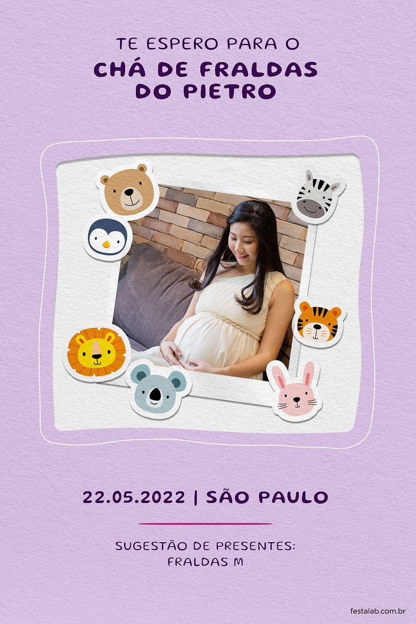 Modelo de Convite de Cha de fraldas - Safari Baby lilas Criar convite de Chá de fraldas - Safari Baby lilas| FestaLab