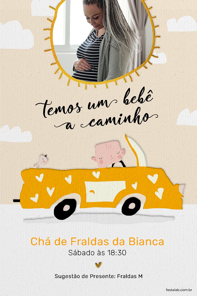 Modelo de Convite de Cha de fraldas - Solzinho amarelinho aquarela Criar convite de Chá de fraldas - Solzinho amarelinho aquarela| FestaLab