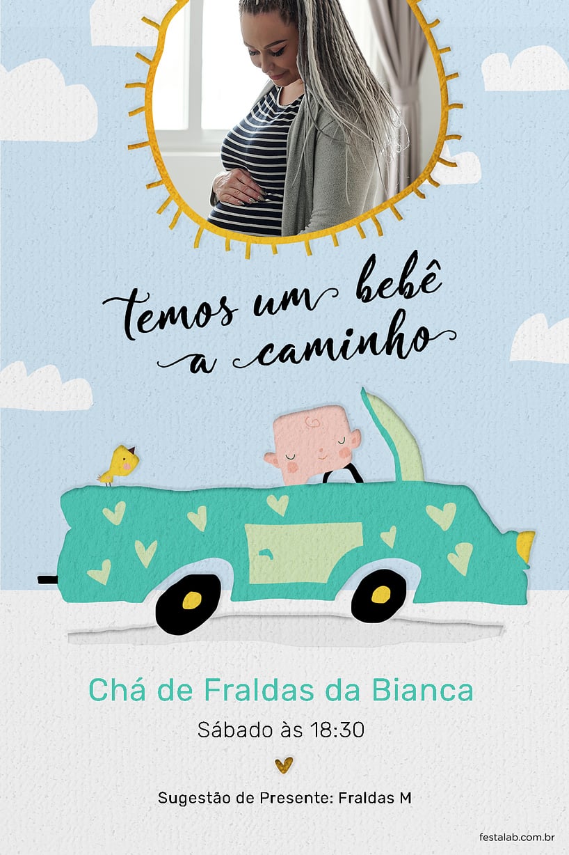 Modelo de Convite de Cha de fraldas - Solzinho Azul e Aquarela Criar convite de Chá de fraldas - Solzinho Azul e Aquarela| FestaLab
