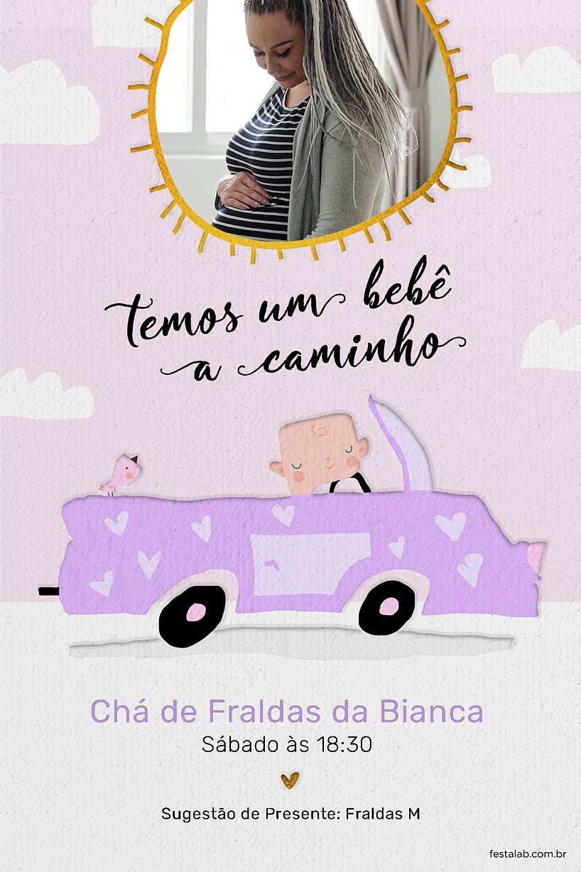 Modelo de Convite de Cha de fraldas - Solzinho lilas e aquarela Criar convite de Chá de fraldas - Solzinho lilás e aquarela| FestaLab