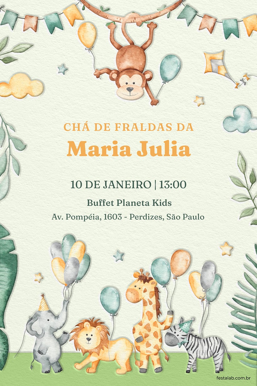 Modelo de Convite de Cha de fraldas - Zoologico amarelo Criar convite de Chá de fraldas - Zoológico amarelo| FestaLab
