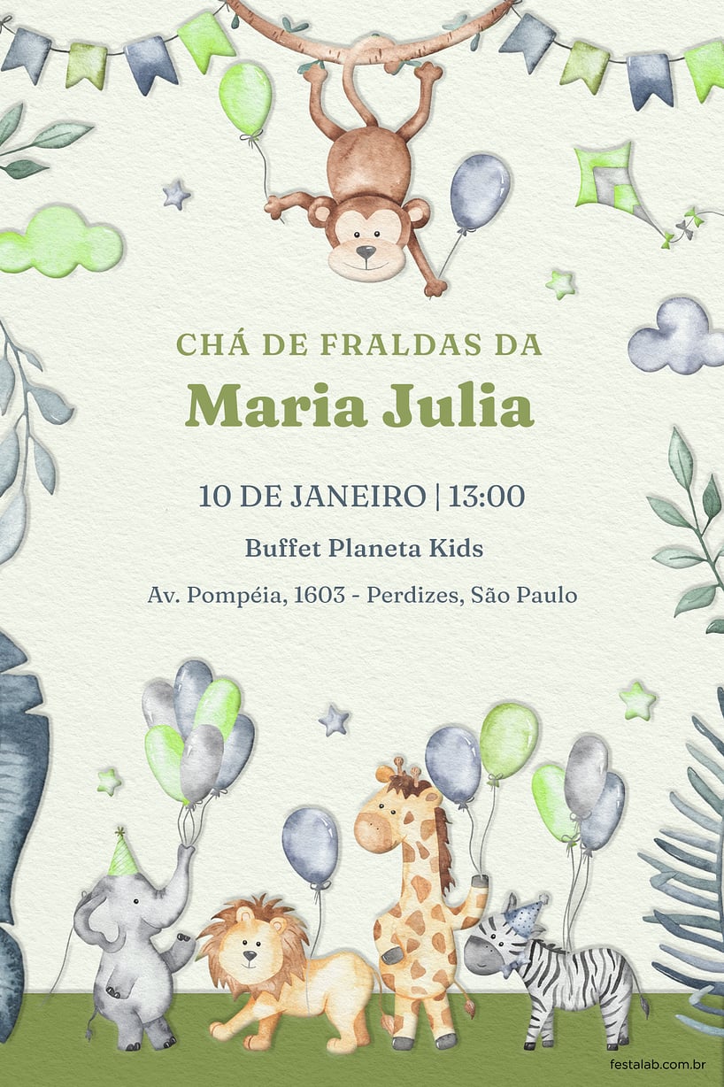 Modelo de Convite de Cha de fraldas - Zoologico verde Criar convite de Chá de fraldas - Zoológico verde| FestaLab