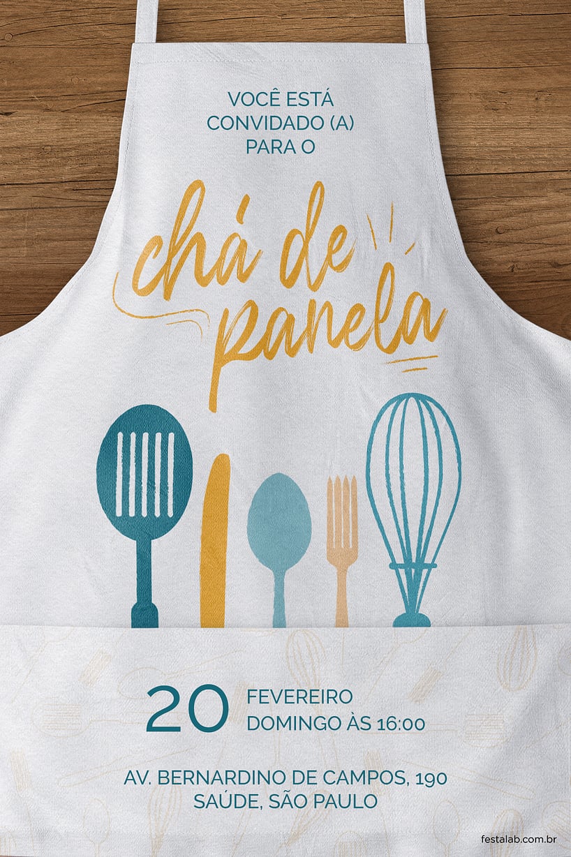 Modelo de Convite de Cha de panela - Avental Azul Criar convite de chá de panela - Avental Azul| FestaLab
