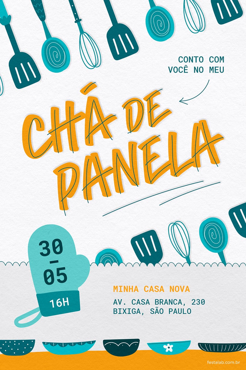 Modelo de Convite de Cha de panela - Utensilios Azul Criar convite de chá de panela - Utensilios Azul| FestaLab