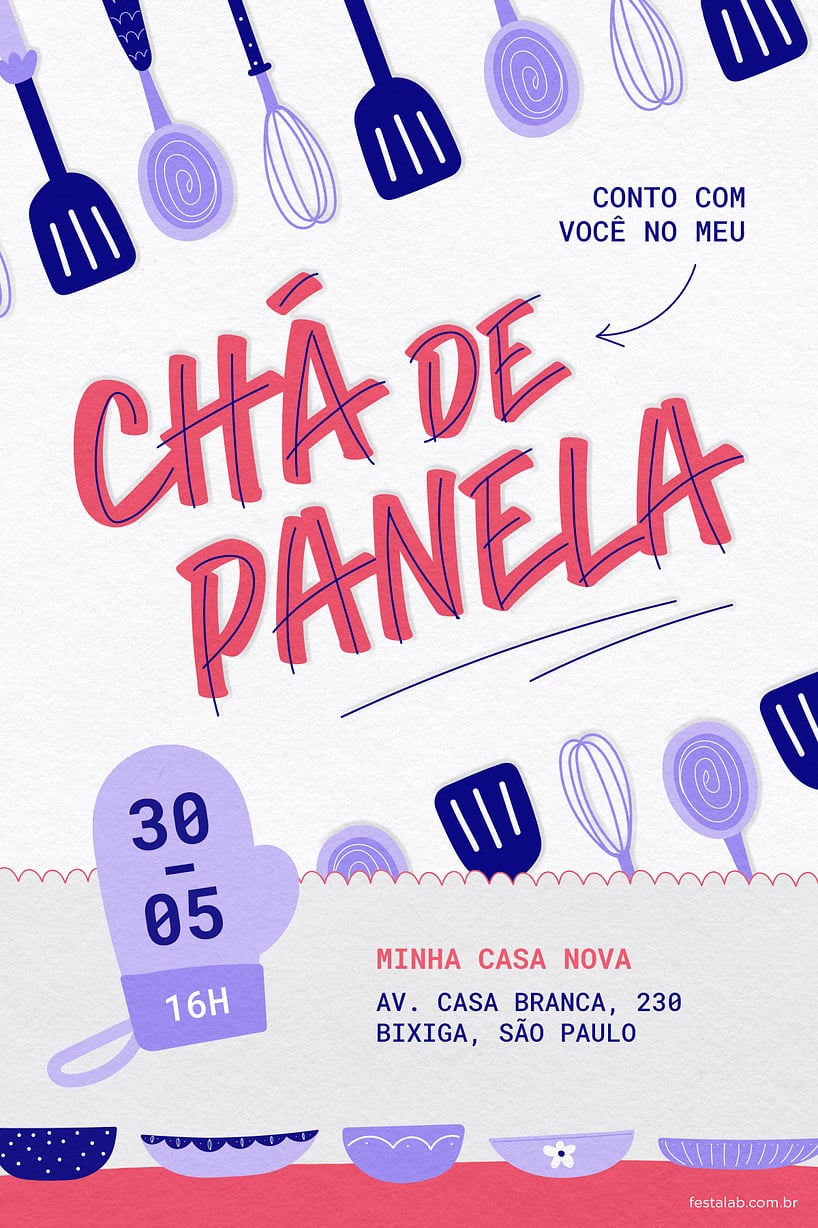 Modelo de Convite de Cha de panela - Utensilios Lilas Criar convite de chá de panela - Utensilios Lilas| FestaLab