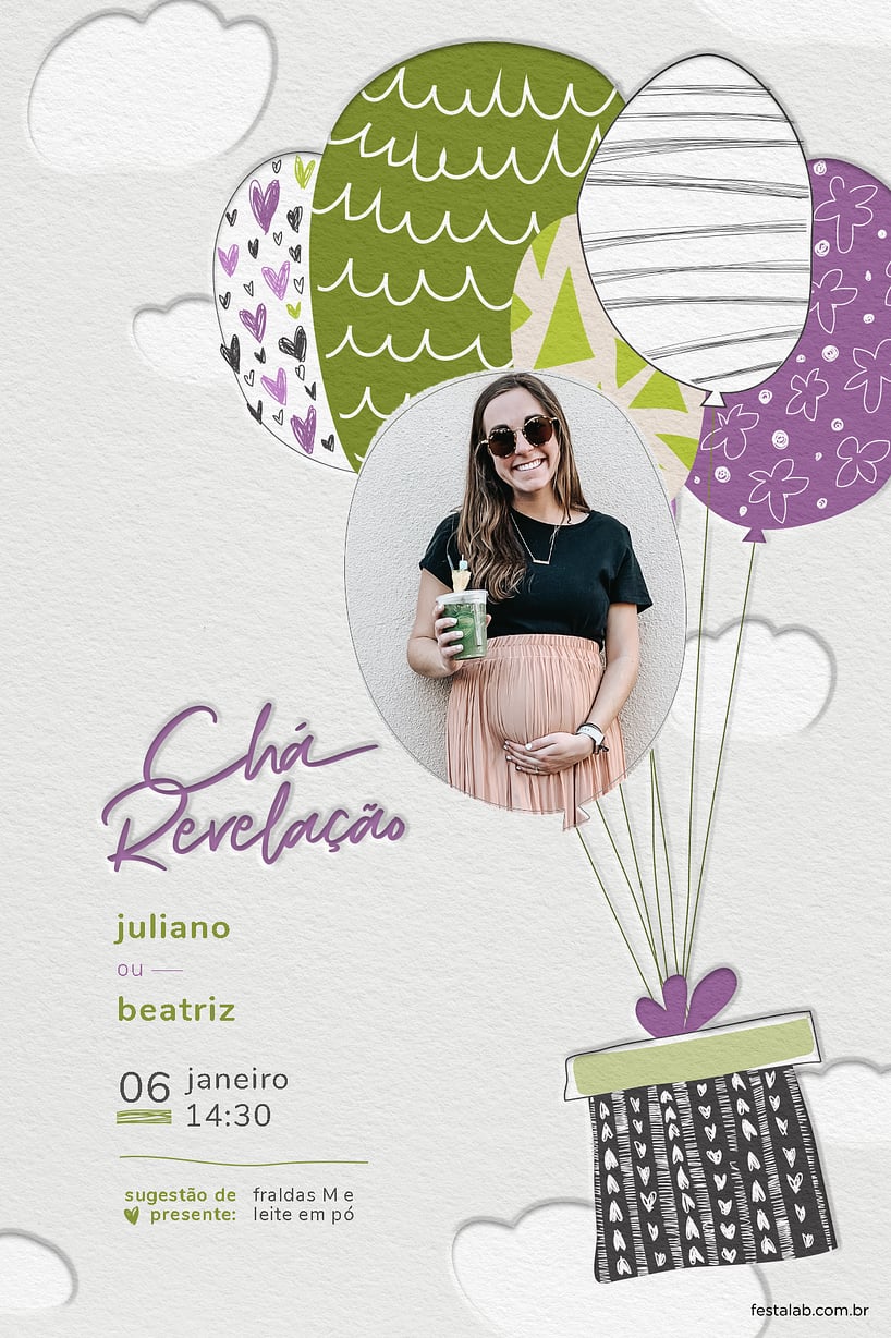 Modelo de Convite de Cha revelacao - Balao Candy roxo e verde Criar convite de Chá revelação - Balão Candy roxo e verde| FestaLab