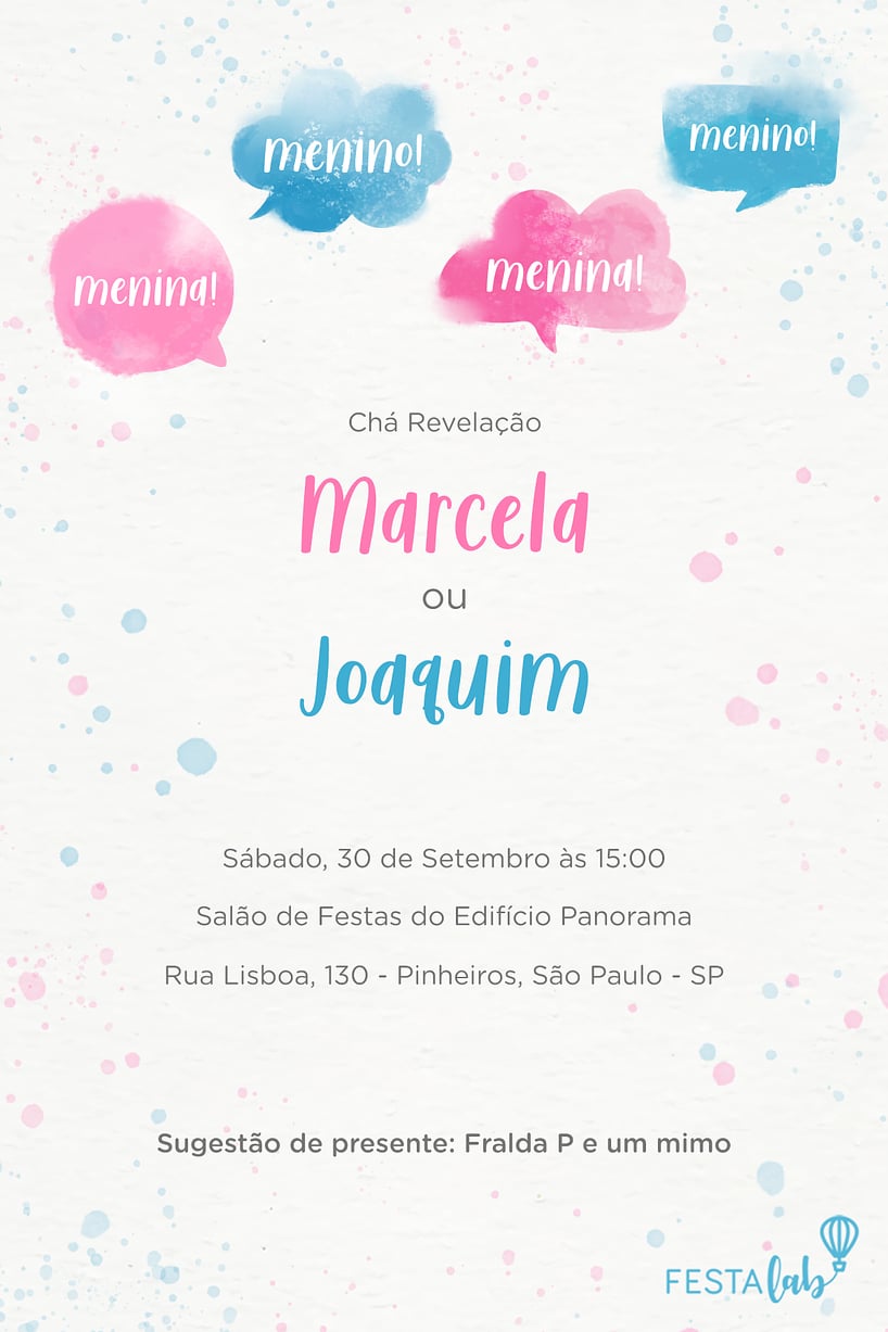 Modelo de Convite de Cha revelacao - Baloes Aquarela Criar convite de Chá revelação - Balões Aquarela| FestaLab