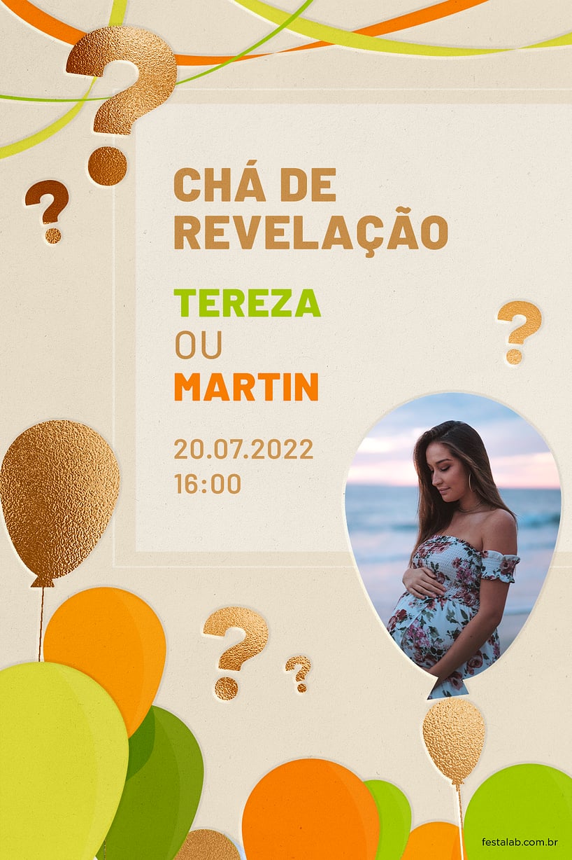 Modelo de Convite de Cha revelacao - Baloes Laranja Criar convite de Chá revelação - Balões Laranja| FestaLab