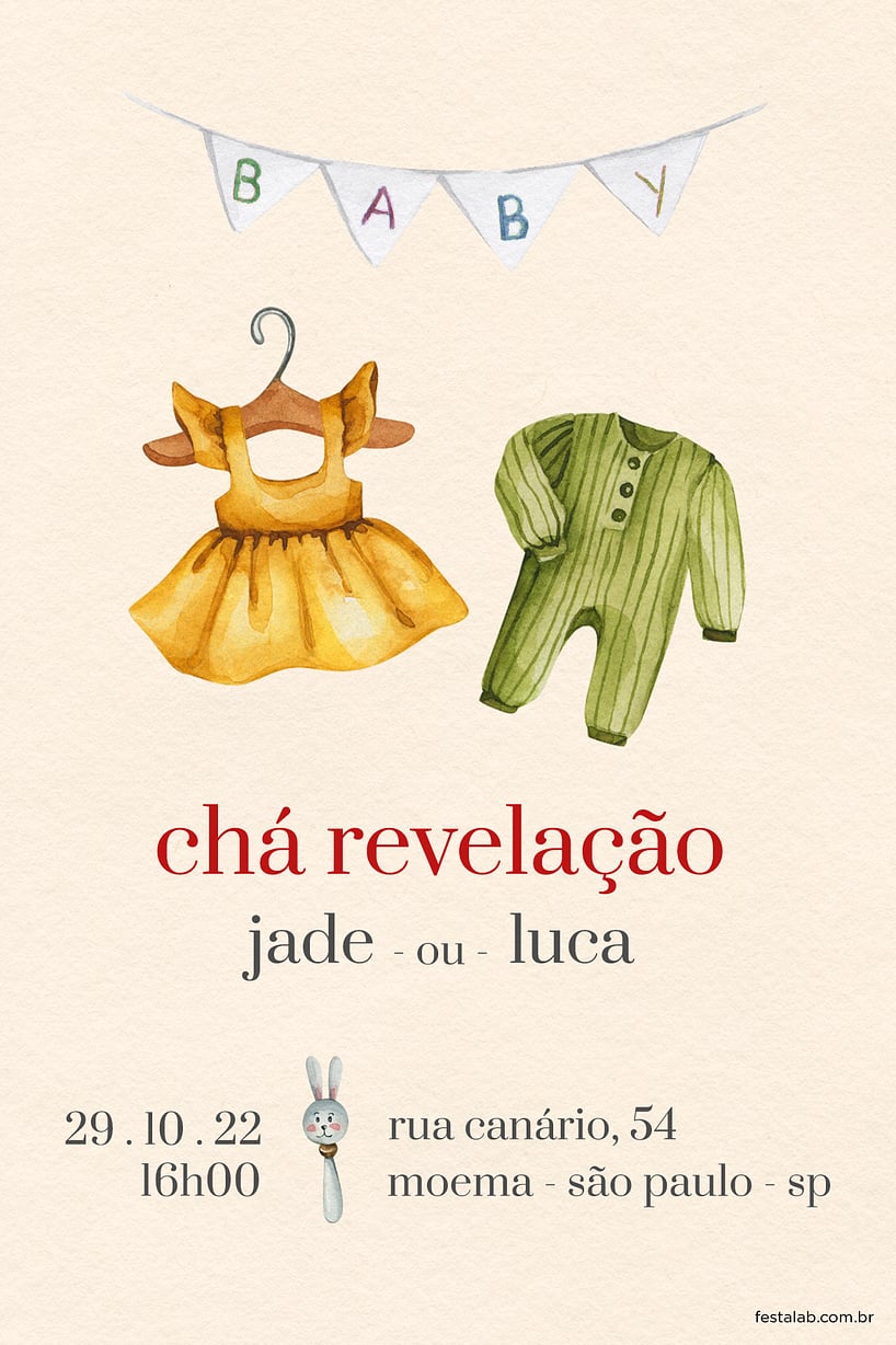 Modelo de Convite de Cha revelacao - Bebe laranja Criar convite de Chá revelação - Bebê laranja| FestaLab