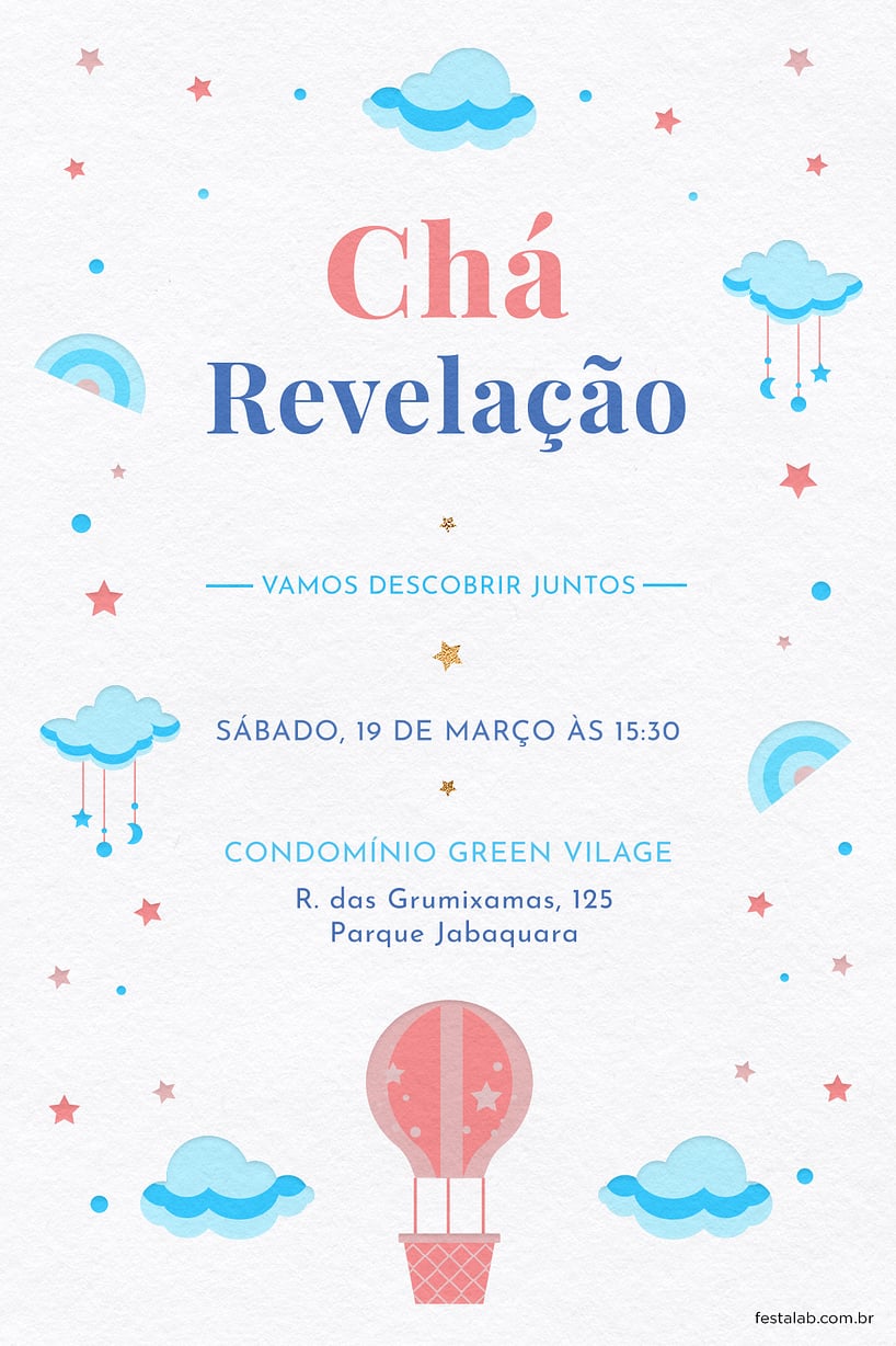 Modelo de Convite de Cha revelacao - Nuvens azul Criar convite de Chá revelação - Nuvens azul| FestaLab