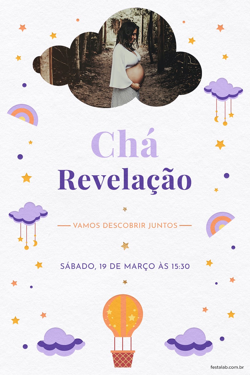 Modelo de Convite de Cha revelacao - Nuvens lilas Criar convite de Chá revelação - Nuvens lilas| FestaLab