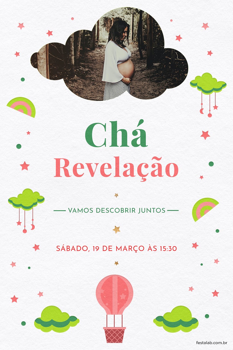 Modelo de Convite de Cha revelacao - Nuvens verde Criar convite de Chá revelação - Nuvens verde| FestaLab