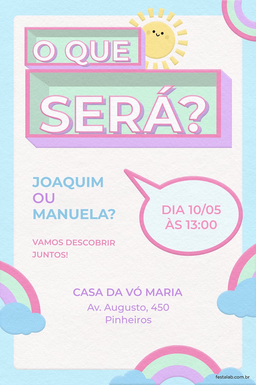 Modelo de Convite de Cha revelacao - O que sera? Criar convite de Chá revelação - O que será?| FestaLab