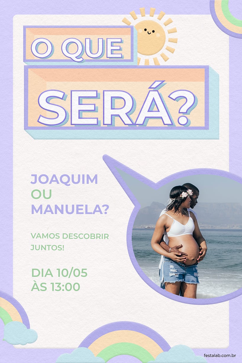 Modelo de Convite de Cha revelacao - O que sera? Lilas Criar convite de Chá revelação - O que será? Lilas| FestaLab