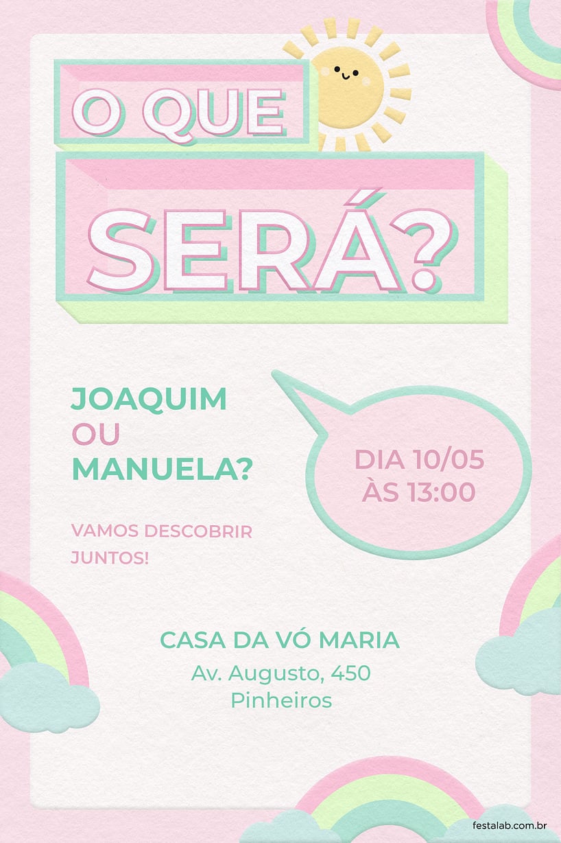 Modelo de Convite de Cha revelacao - O que sera? Rosa Criar convite de Chá revelação - O que será? Rosa| FestaLab