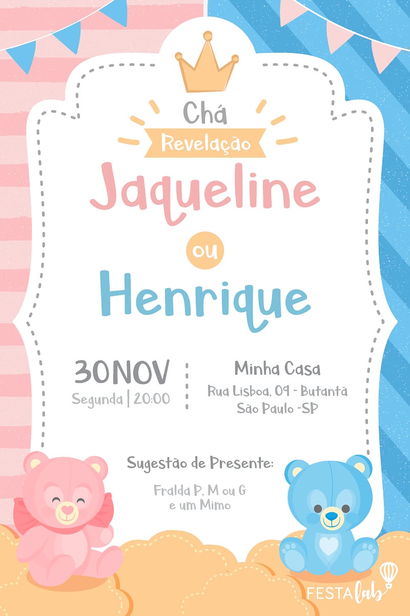 Modelo de Convite de Cha revelacao - Festa do Ursinho Criar convite de Chá revelação - Festa do Ursinho| FestaLab