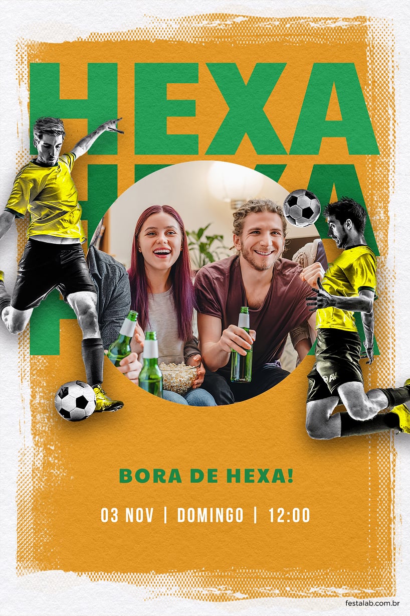 Modelo de Convite de Ocasioes especiais - Bora de Hexa amarelo Criar convite de Ocasiões especiais - Bora de Hexa amarelo| FestaLab