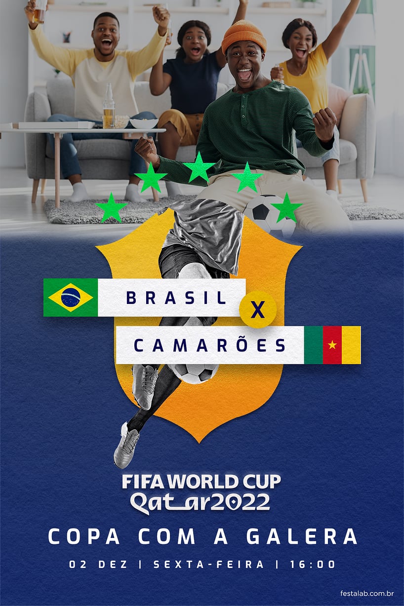 Modelo de Convite de Ocasioes especiais - Brasil x Camaroes azul Criar convite de Ocasiões especiais - Brasil x Camarões azul| FestaLab