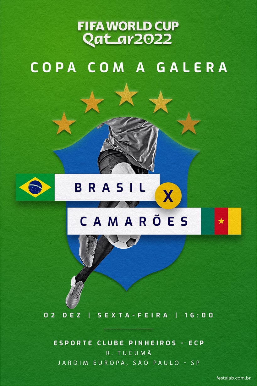Modelo de Convite de Ocasioes especiais - Brasil x Camaroes verde Criar convite de Ocasiões especiais - Brasil x Camarões verde| FestaLab
