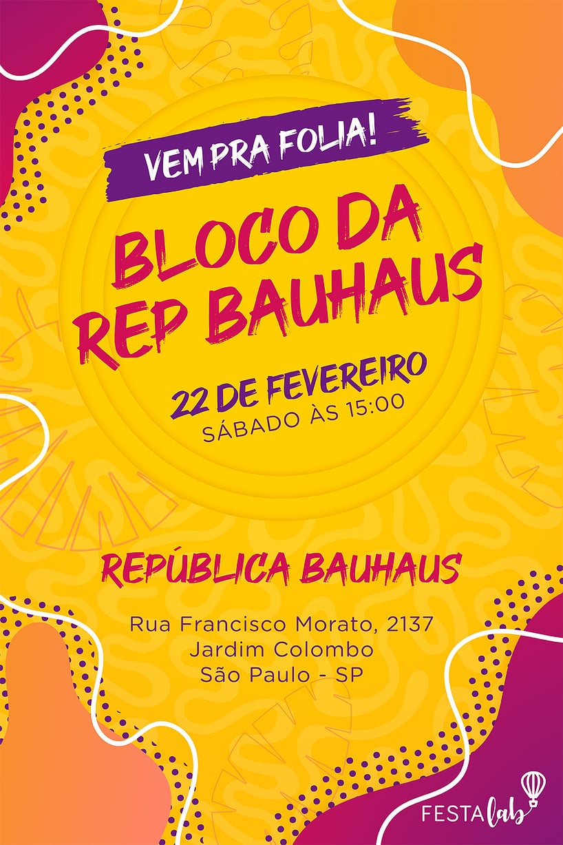 Modelo de Convite de Ocasioes especiais - Carnaval Bloco Criar convite de Ocasiões especiais - Carnaval Bloco| FestaLab