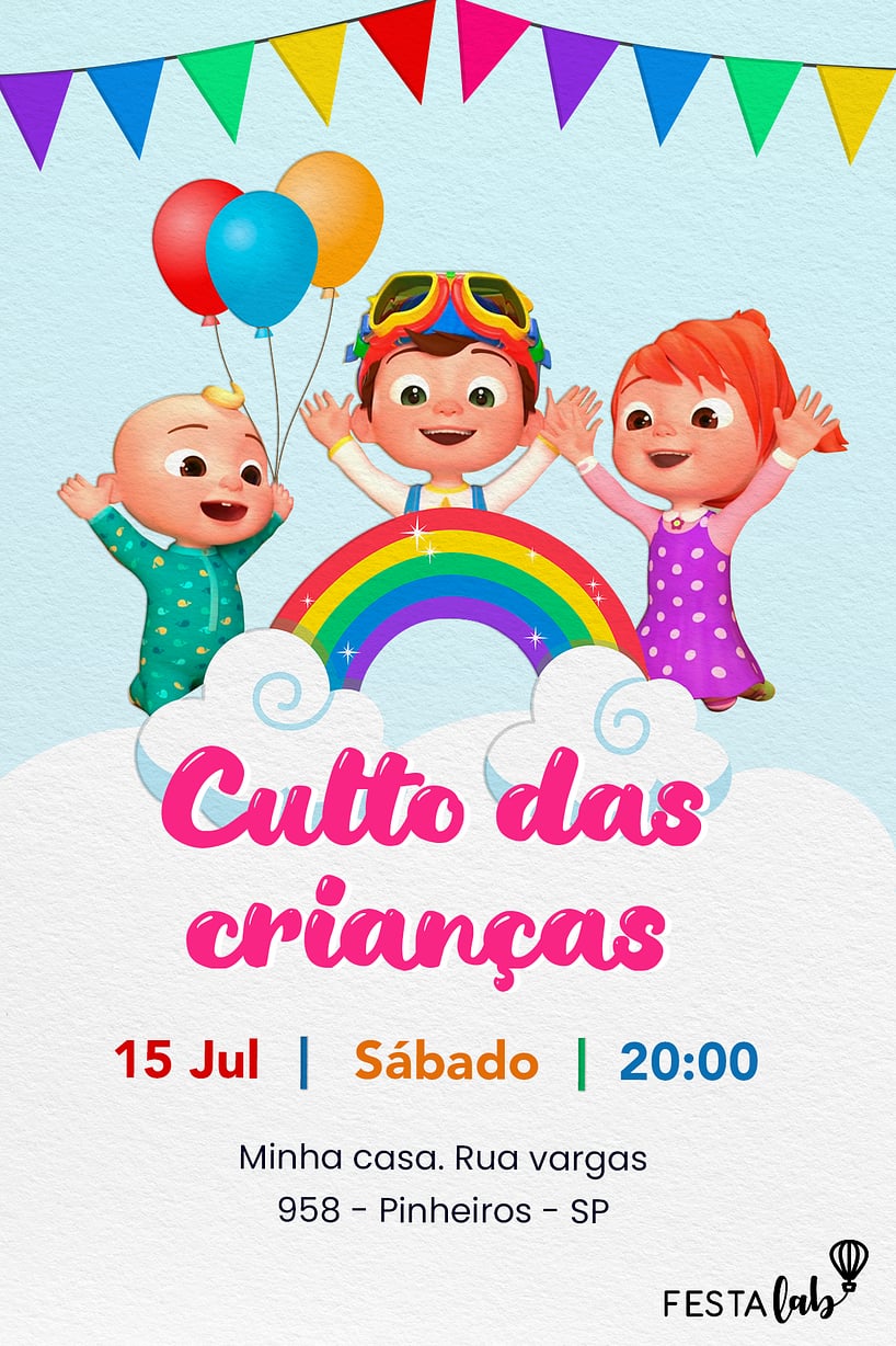 Modelo de Convite de Ocasioes especiais - Cocomelon Criar convite de Ocasiões especiais - Cocomelon| FestaLab