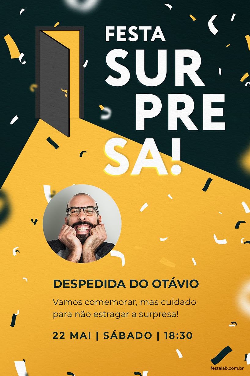 Modelo de Convite de Ocasioes especiais - Festa Surpresa amarela Criar convite de Ocasiões especiais - Festa Surpresa amarela| FestaLab