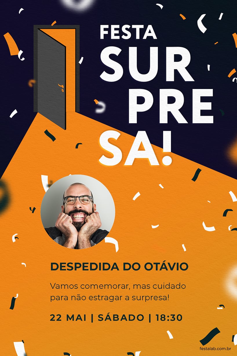Modelo de Convite de Ocasioes especiais - Festa surpresa laranja Criar convite de Ocasiões especiais - Festa surpresa laranja| FestaLab