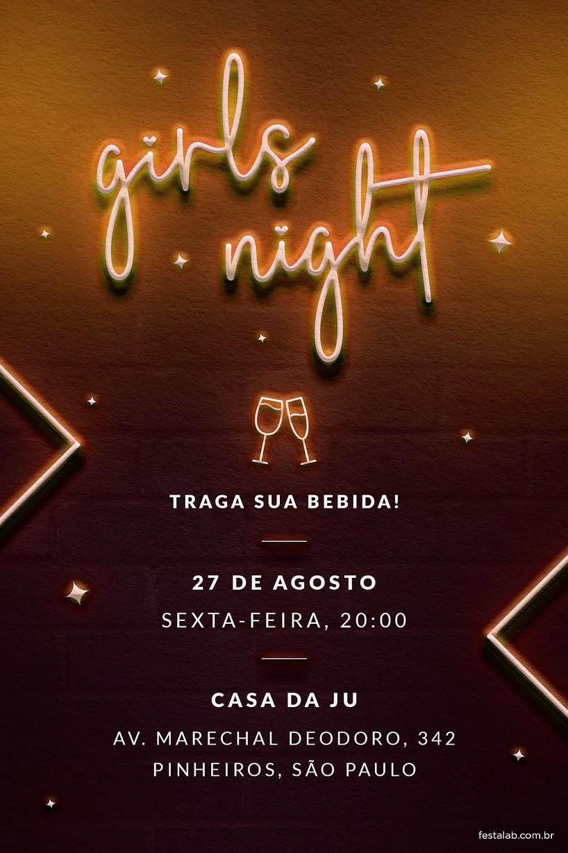 Modelo de Convite de Ocasioes especiais - Girls Night! Laranja Criar convite de Ocasiões especiais - Girls Night! Laranja| FestaLab