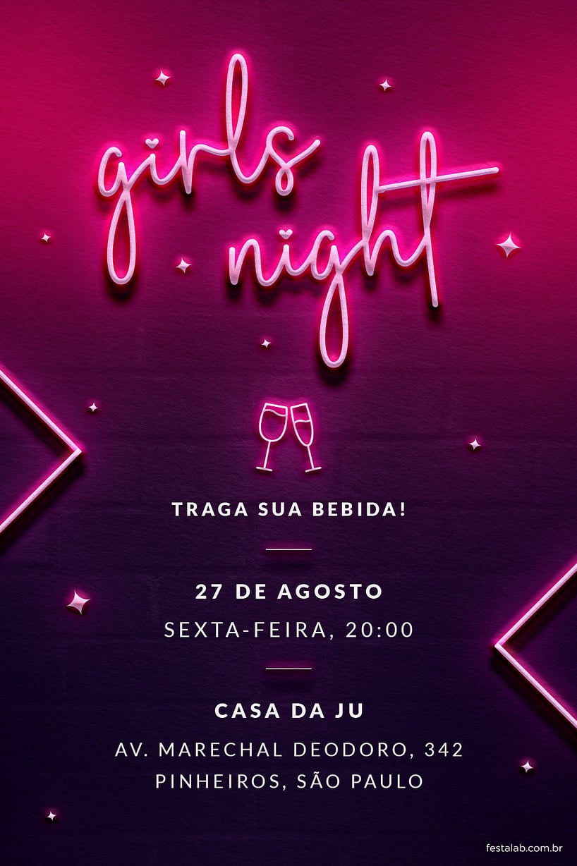 Modelo de Convite de Ocasioes especiais - Girls Night! Rosa Criar convite de Ocasiões especiais - Girls Night! Rosa| FestaLab