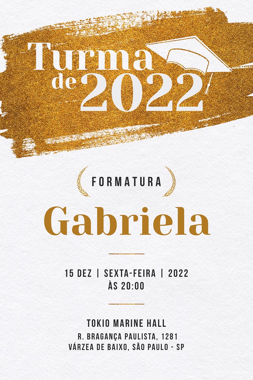 Modelo de Convite de Ocasioes especiais - Glitter de Formatura Branco e Dourado Criar convite de Ocasiões especiais - Glitter de Formatura Branco e Dourado| FestaLab