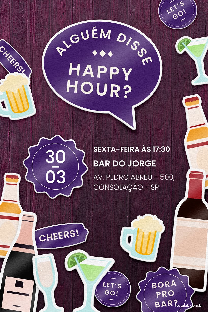 Modelo de Convite de Ocasioes especiais - Happy hour roxo Criar convite de Ocasiões especiais - Happy hour roxo| FestaLab
