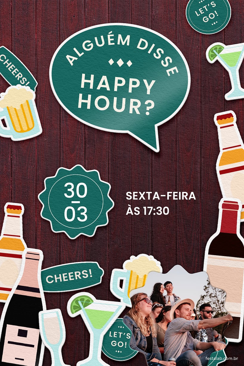 Modelo de Convite de Ocasioes especiais - Happy hour verde Criar convite de Ocasiões especiais - Happy hour verde| FestaLab