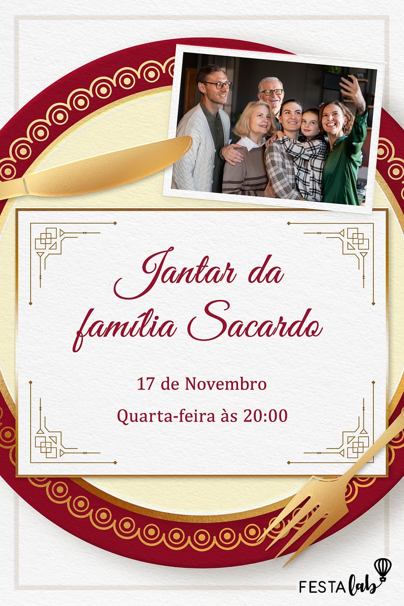 Modelo de Convite de Ocasioes especiais - Jantar em Familia Vinho Criar convite de Ocasiões especiais - Jantar em Família Vinho| FestaLab
