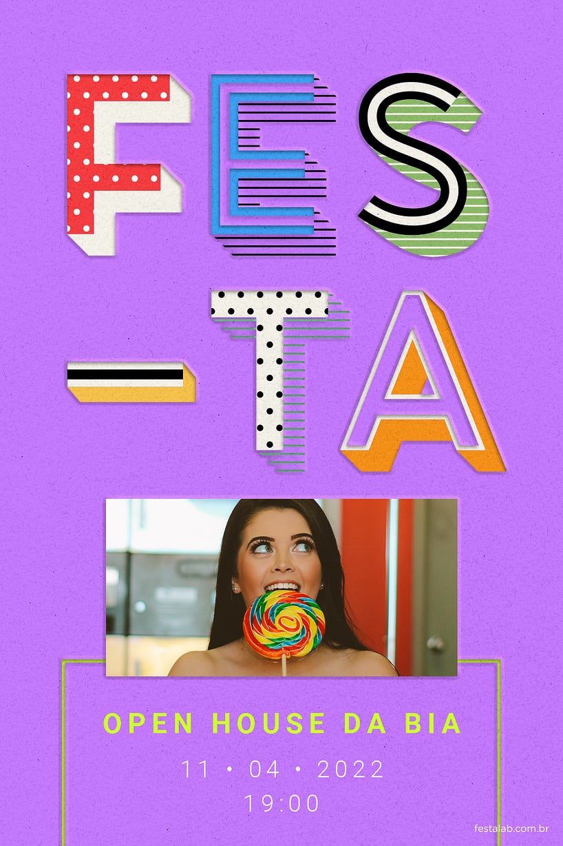 Modelo de Convite de Ocasioes especiais - Letras Festivas cor roxa Criar convite de Ocasiões especiais - Letras Festivas cor roxa| FestaLab
