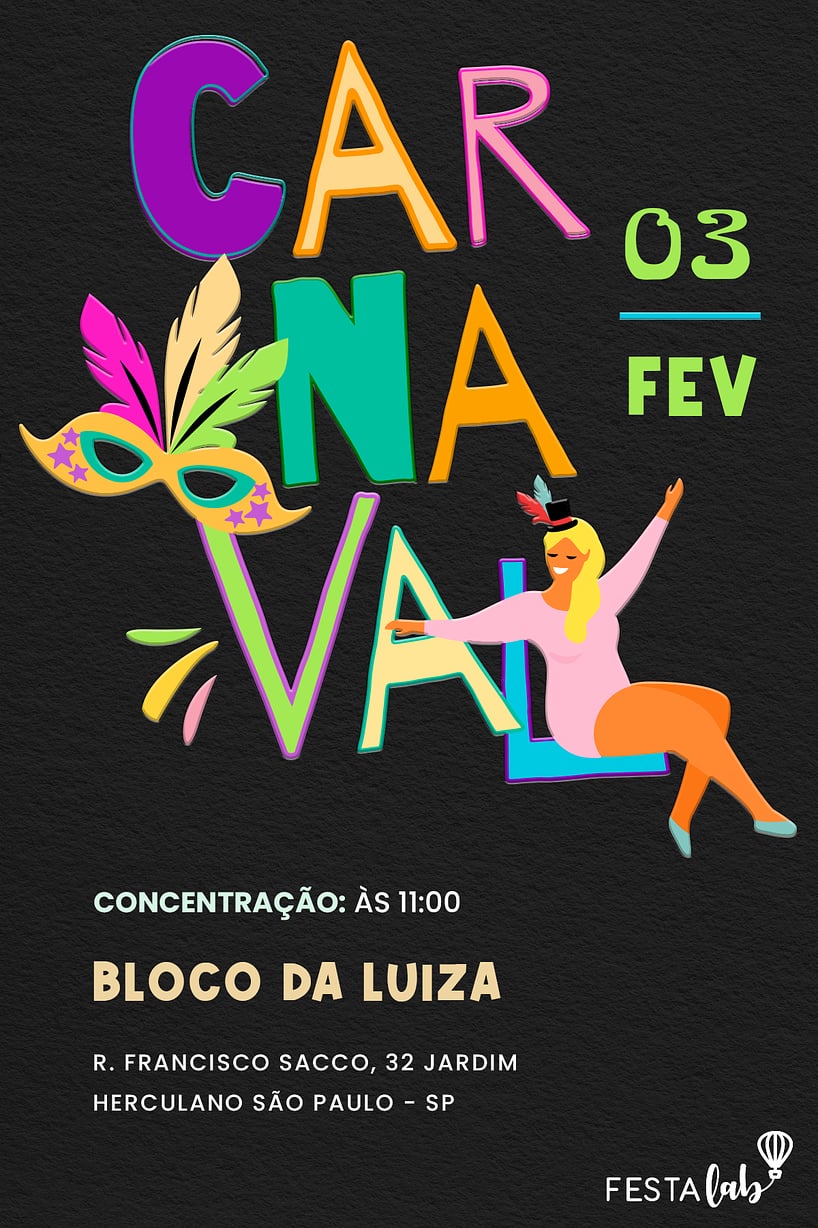 Modelo de Convite de Ocasioes especiais - Lettering de Carnaval Criar convite de Ocasiões especiais - Lettering de Carnaval| FestaLab