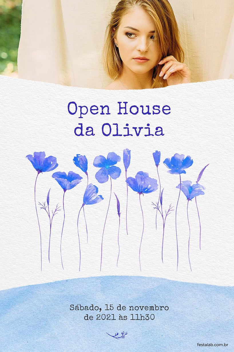Modelo de Convite de Ocasioes especiais - Lirios aquarela azul Criar convite de Ocasiões especiais - Lírios aquarela azul| FestaLab