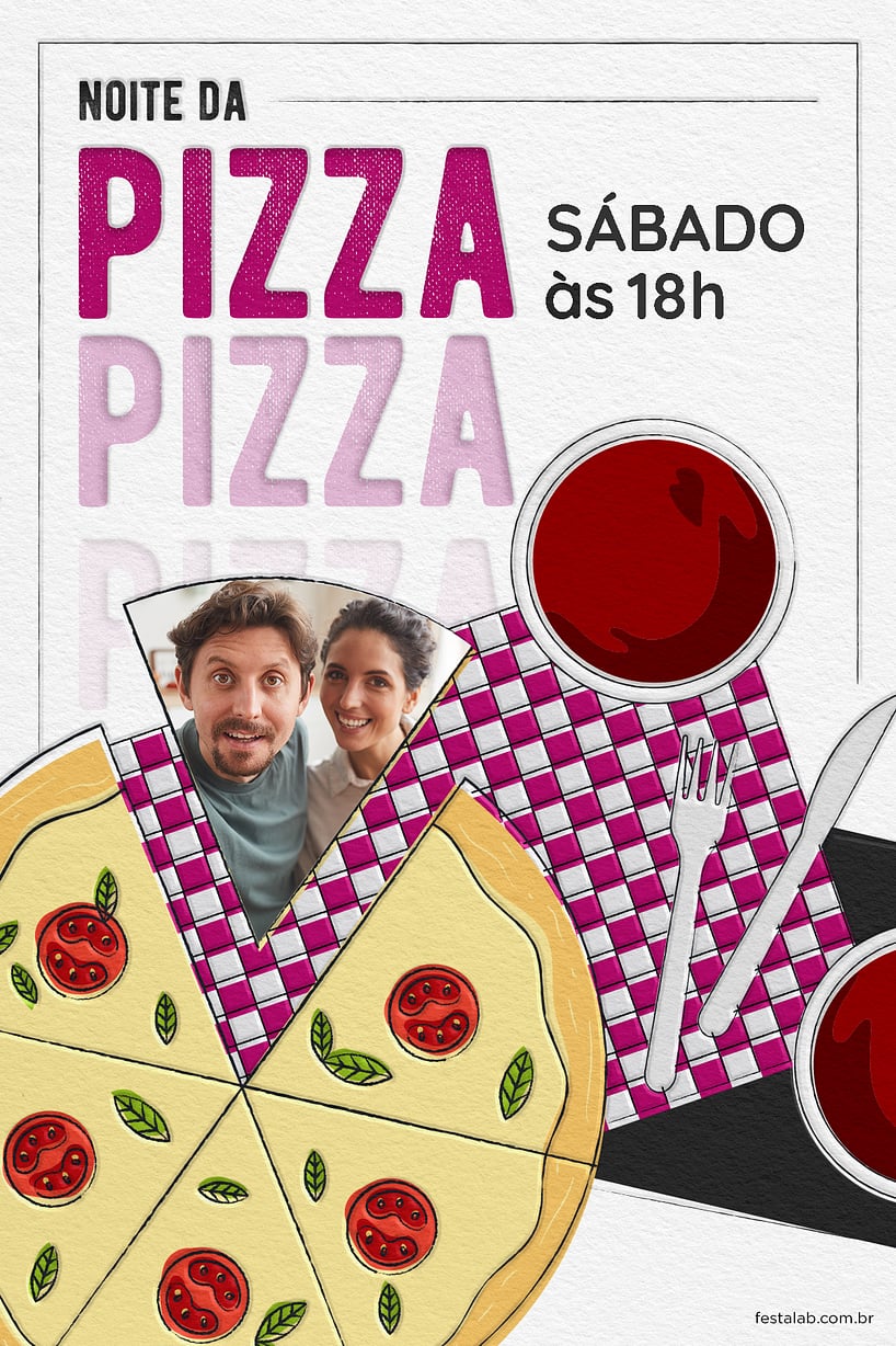 Modelo de Convite de Ocasioes especiais - Noite da Pizza Rosa Criar convite de Ocasiões especiais - Noite da Pizza Rosa| FestaLab