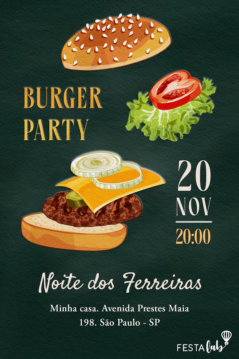 Modelo de Convite de Ocasioes especiais - Noite do Hamburguer Criar convite de Ocasiões especiais - Noite do Hambúrguer| FestaLab