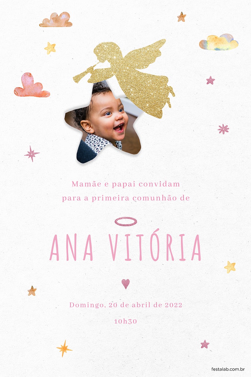 Modelo de Convite de Primeira comunhao - Anjinho dourado Criar convite de Primeira comunhão - Anjinho dourado| FestaLab
