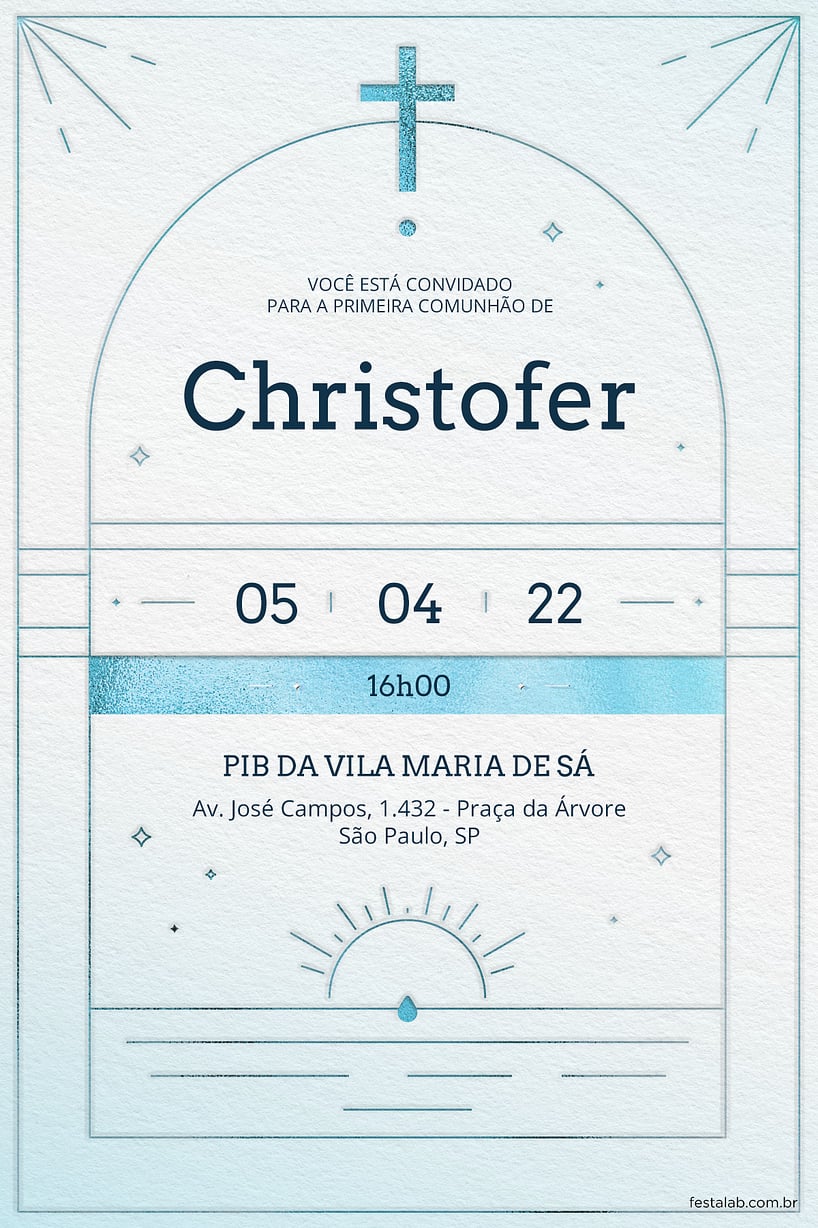 Modelo de Convite de Primeira comunhao - Catedral minimalista azul Criar convite de Primeira comunhão - Catedral minimalista azul| FestaLab