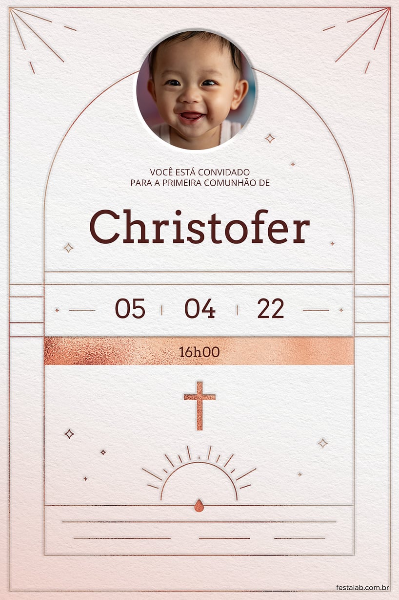 Modelo de Convite de Primeira comunhao - Catedral minimalista rose gold Criar convite de Primeira comunhão - Catedral minimalista rose gold| FestaLab