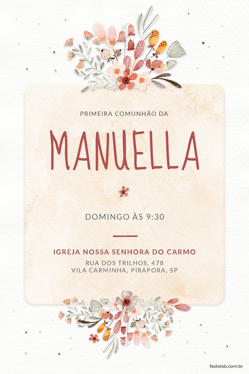 Modelo de Convite de Primeira comunhao - Flores de campo Criar convite de Primeira comunhão - Flores de campo| FestaLab