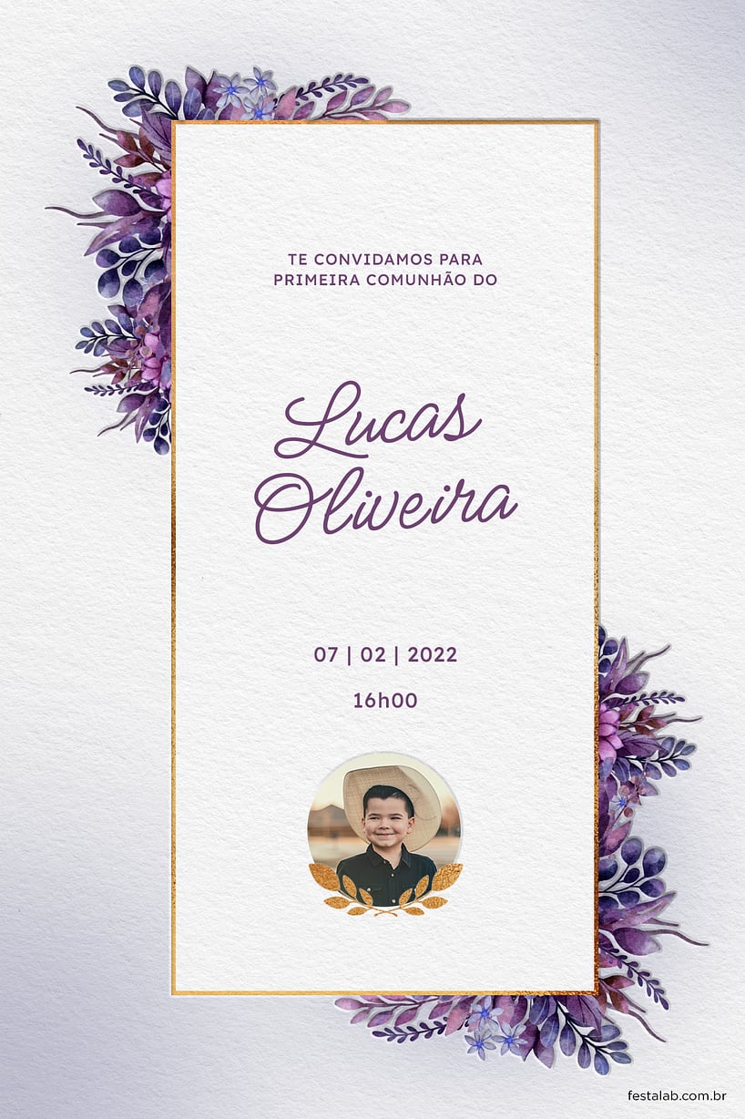 Modelo de Convite de Primeira comunhao - Folhas da comunhao lilas Criar convite de Primeira comunhão - Folhas da comunhão lilás| FestaLab
