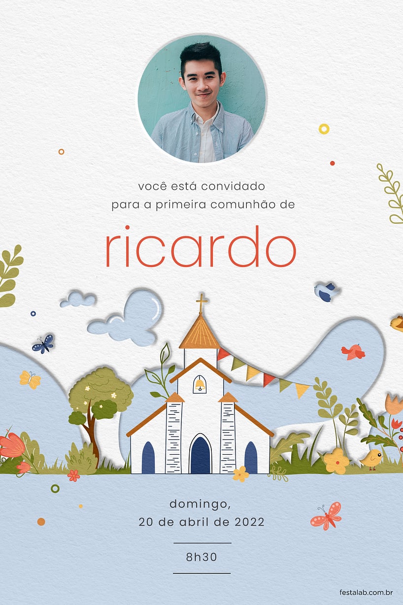 Modelo de Convite de Primeira comunhao - Igreja catolica colorida Criar convite de Primeira comunhão - Igreja católica colorida| FestaLab